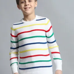 Monte Carlo Boys Striped White Round Neck Full Sleeve Pullover-image-1