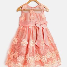 pspeaches Girls Peach-Coloured Net Embellished Fit & Flare Dress with Bow Detail-12