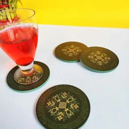 Crayton Green Wooden Mughal Printed Round Coasters - Set of 4-32