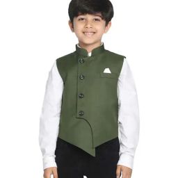 VASTRAMAY Kids Dark Green Nehru Jacket-image-1