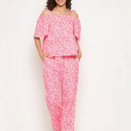 Clovia Pink & White Floral Print Top With Pyjamas-image-90