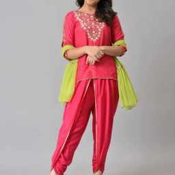 Aurelia Kids Pink & Green Embroidered Kurta Set-image-84