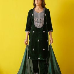 Anouk Green Floral Embroidered Velvet Straight Kurta With Trouser & Dupatta-image-90