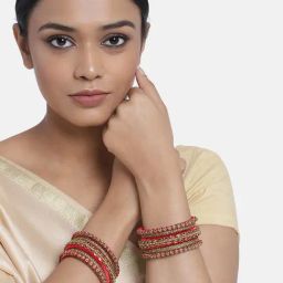 Peora Maroon Ethnic Silk Thread Kundan Chuda Set-image-12