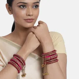 Peora Maroon Ethnic Silk Thread Floral Dangling Beads Bangle Set-image-66