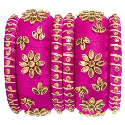 Peora Rani Pink Ethnic Silk Thread Golden Floral Decorative Chura Bangle Set-image-87
