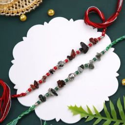 Aapno Rajasthan Red & Green Stone Work Set of 2 Rakhi-image-12