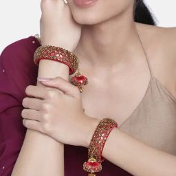 Peora Red Ethnic Silk Thread Crystal Design with Dangling Jhumki Chuda Set-image-61