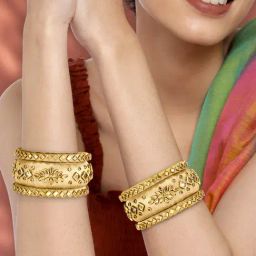 Peora Cream Ethnic Silk Thread Crystal Studded Floral Design Bangle Chuda Set-image-68