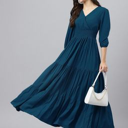 Jash Creation Women V Neck Puff Sleeves Smocked Tiered Flared Wrap Maxi Dress-image-87