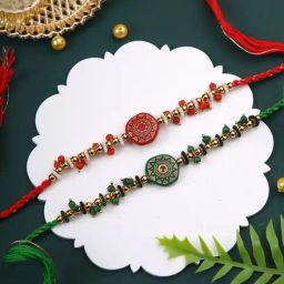 Aapno Rajasthan Set of 2 Green & Red Beaded Rakhi-14