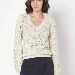 Vero Moda White Cotton Self Design Full Sleeves Sweater-image-71