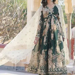 Fashionuma Floral Printed V-Neck Zari Gown Maxi Dress With Dupatta-image-53