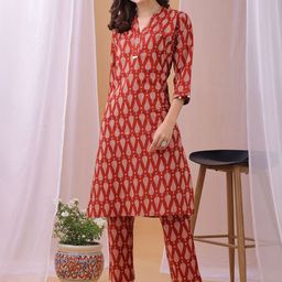 Saanjh Women Geometric Printed Pure Cotton Straight Kurta with Trousers-image-73