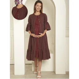 Moms Maternity Womens Wine Shirt Neck Ikkat Print Khadi Organic Cotton Maternity Shrug-picture-6