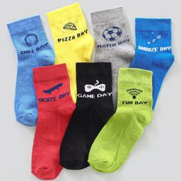 Pine Kids Ankle Length Anti Microbial Washed Socks Text Design Pack Of 7 - Blue Yellow Green Red Black Grey-image-11