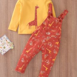 Babyoye 100% Cotton with Eco-Jiva Finish Full Sleeves T-Shirt with Dungaree Set - Red Yellow-image-73