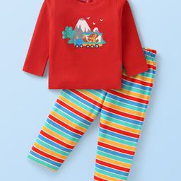 Babyhug Cotton Knit Full Sleeves Night Suit With Animal Print & Striped - Red-image-92