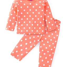 Babyhug Cotton Knit Full Sleeves Polka Dots Printed Night Suit - Orange-image-42
