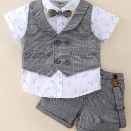ToffyHouse Cotton Woven Half Sleeves Shirt & Shorts Party Suit with Bow & Suspender Checked - Blue-picture-41