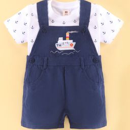 ToffyHouse Cotton Ship Embroidered Dungaree with Half Sleeves Anchor Printed T-Shirt - Navy Blue-image-7