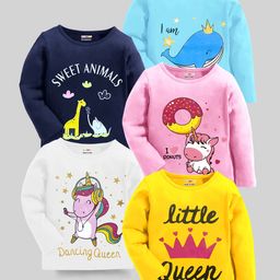 KUCHIPOO Pack Of 5 Full Sleeves Unicorn & Crown Printed Tees - Multi Colour-image-99
