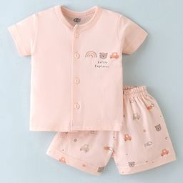 Zero Interlock Knit Half Sleeves Night Suit With Teddy Print - Peach-image-21