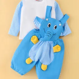 WOW Cotton Full Sleeves Dungaree Set with Elephant Applique - Blue-picture-19
