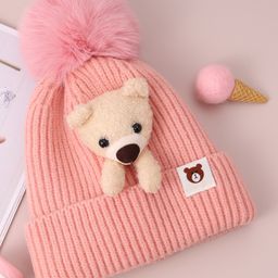 Babyhug Woolen Cap with Teddy Bear Applique - Pink-image-80