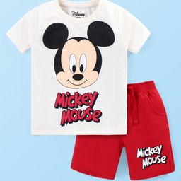 Babyhug Disney Cotton Knit Half Sleeves T-Shirt & Shorts Set With Mickey Mouse Print - White & Red-image-43