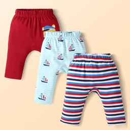 Babyhug Cotton Knit Full Length Diaper Leggings with Ship Print & Stripes Pack of 3 - Red Light Blue & White-picture-12