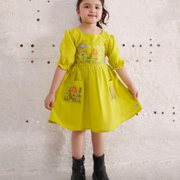 Tiny Twills Linen Half Sleeves Floral Embroidered & Pockets Detailed Fit & Flared Dress - Lime Green-image-13