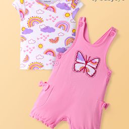 Babyoye Eco Conscious 100% Cotton Knit Butterfly Embroidered Dungaree with Cap Sleeves Sky Printed Top & Bow Applique - White & Pink-picture-27