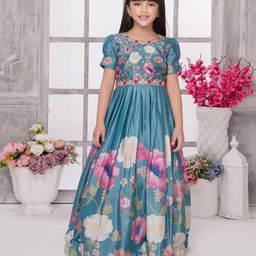 Tiny Kingdom Half Puffed Sleeves Floral Printed & Embroidered Lace Embellished Gown - Light Blue-image-92