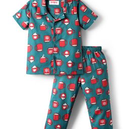 Babyhug Cotton Woven Half Sleeves Co-ords Night Suit With Cup Print - Green-image-52