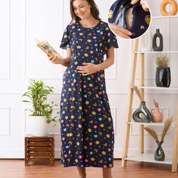 Bella Mama Cotton Knit Half Sleeves Maternity Nighty With Animal Print - Navy Blue-image-72