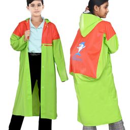 Viva Rainwear PVC Full Sleeves Colour Blocked & Dolphin Back Designed Hooded Raincoat - Green & Orange-image-69