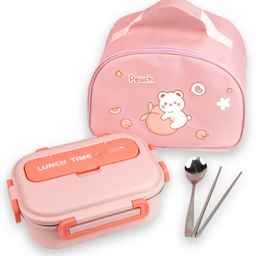 Little Surprise Box Lunch Time Print Stainless Steel Kids 2 Pcs Lunch Box with Lunch Bag - Pink-image-76