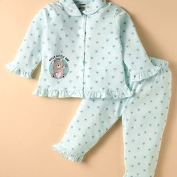 CUCUMBER Sinker Knit Full Sleeves Co-Ord Night Suit with Heart Bear Print & Frill Detailing - Light Green-image-68
