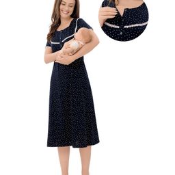 Piu Cotton Knit Half Sleeves Polka Dots Printed Maternity Nighty With Nursing Access - Blue-picture-13