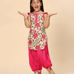 Titrit Cotton Woven Sleeveless Floral Printed Gota Lace Embellished Kurti & Afghani Salwar Set - Pink-picture-24