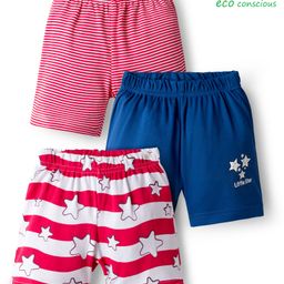 Babyoye 100% Cotton Interlock Knit Shorts With Stripes & Star Print Pack Of 3 - Navy Blue Pink & Red-picture-36