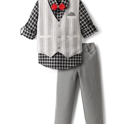 Rikidoos Full Sleeves Checked & Striped Embroidered 3 Piece Party Suit Set With Bow - Grey & Black-image-40