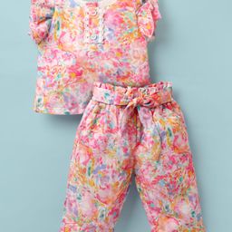 Tweetoons Woven Frill Sleeves Top & Pant Set With Floral Print - Pink-image-96