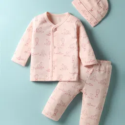 I Bears Interlock Knit Full Sleeves Co-Ord Night Suit With Cap & Animal Print - Light Pink-picture-44