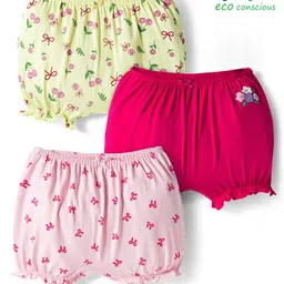 Babyoye Cotton Elastane Knit Bloomers with Floral & Bow Print Pack of 3 - Pink Red & Light Yellow-picture-4