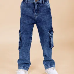 Kiddopanti Denim Woven Straight Fit Solid Cargo Pant - Medium Blue-picture-21