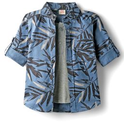 Rikidoos Full Sleeves Leaves Printed Shirt With Attached Tee - Light Blue & Grey-picture-40