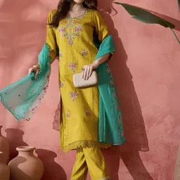 Sangria Yellow Floral Embroidered Notch Neck Straight Kurta With Trouser & Dupatta-image-85