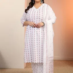 EXTRA LOVE BY LIBAS Plus Size Floral Printed Thread Work Kurta With Trousers & Dupatta-picture-39